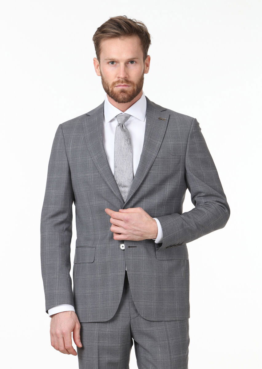 Koyu Gri Kareli Modern Fit %100 Yün Takım Elbise - 3