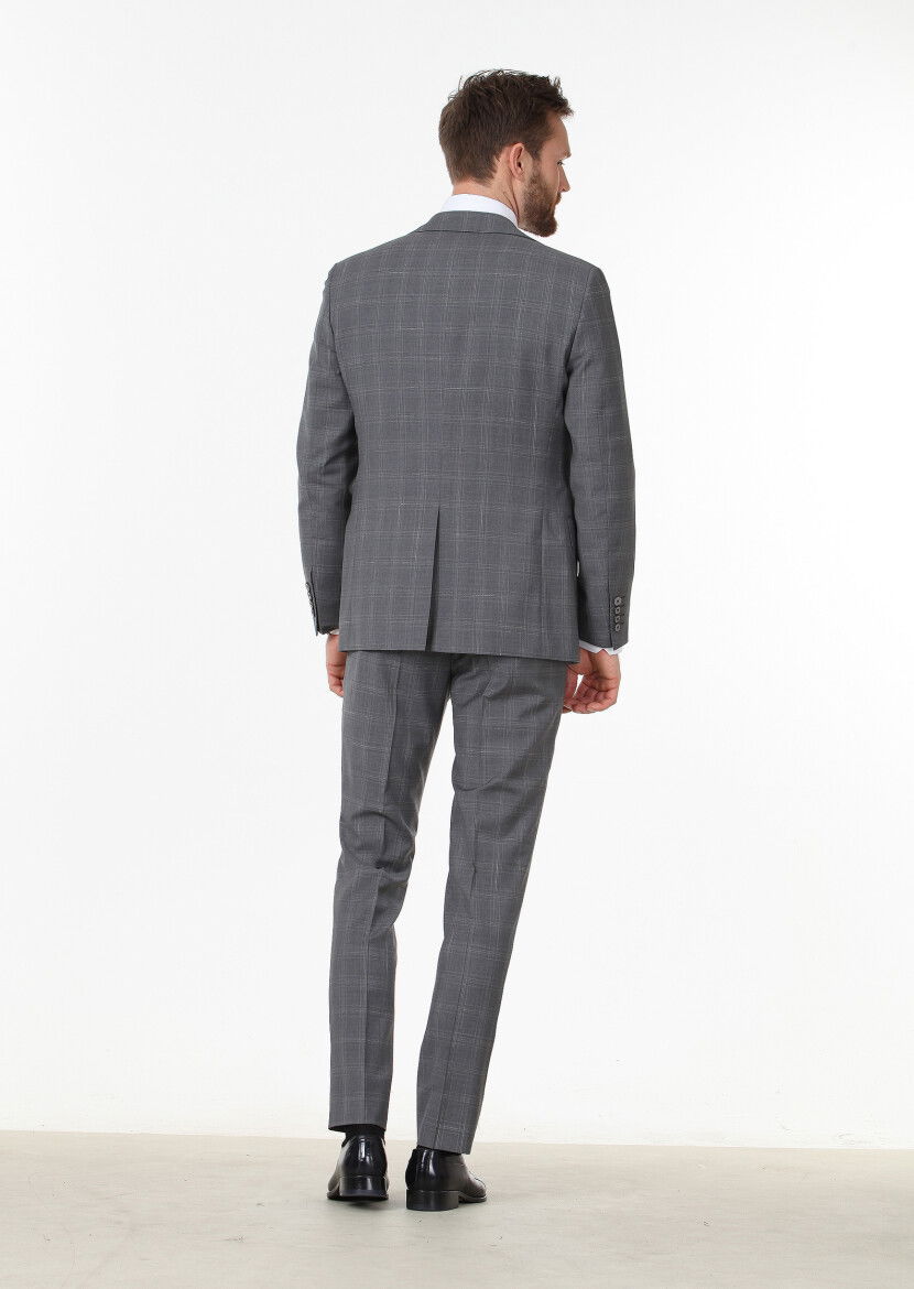 Koyu Gri Kareli Modern Fit %100 Yün Takım Elbise - 4