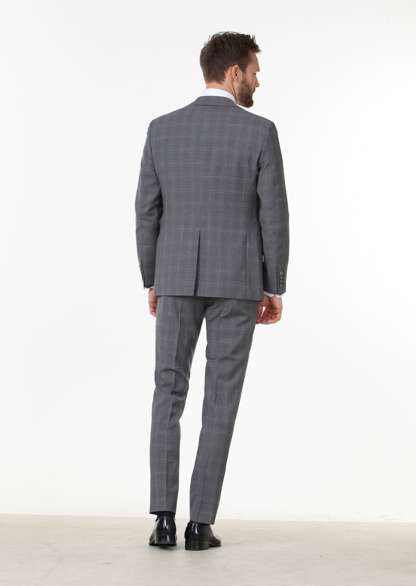 Koyu Gri Kareli Modern Fit %100 Yün Takım Elbise - 4