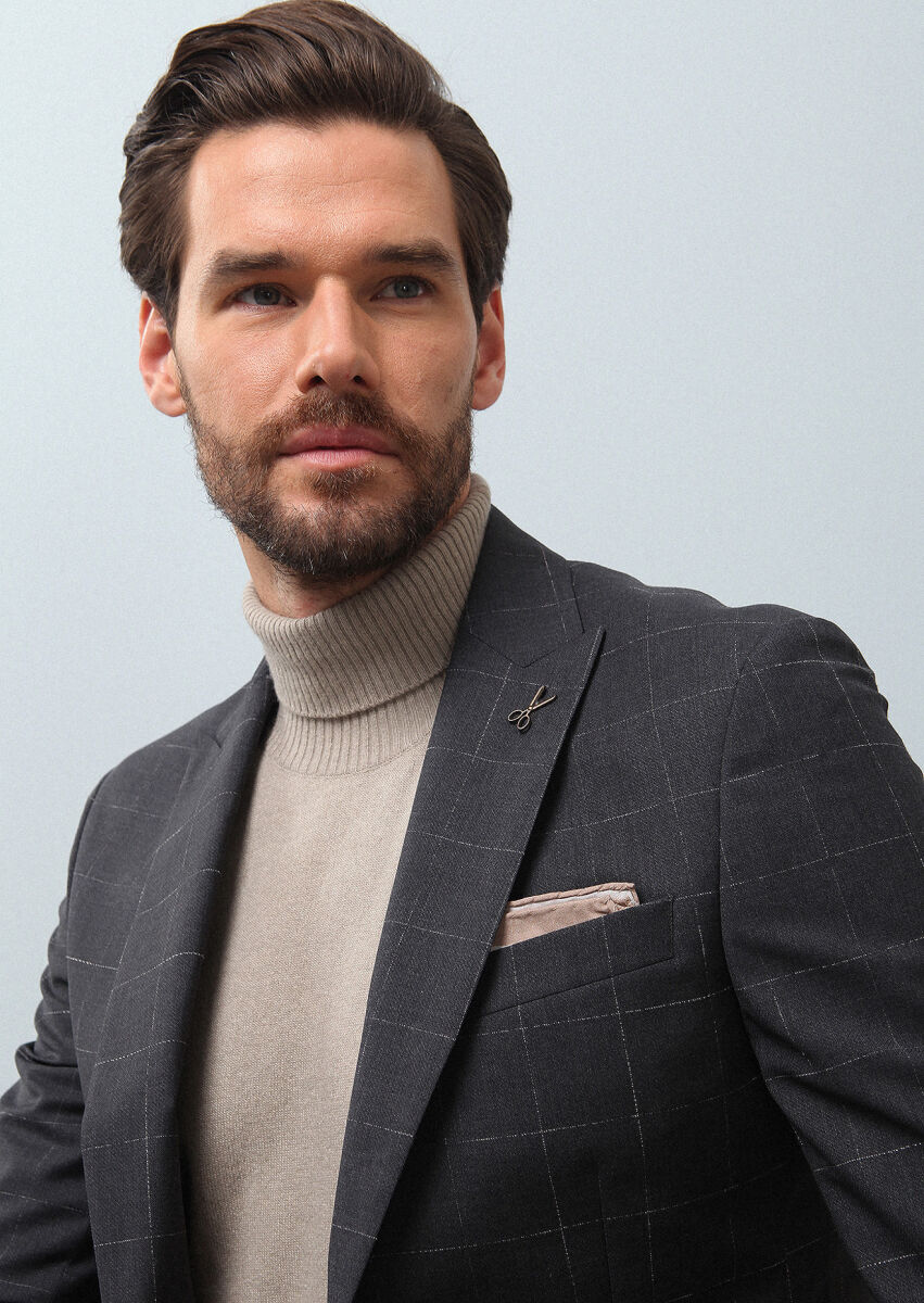 Koyu Gri Kareli Modern Fit %100 Yün Takım Elbise - 1