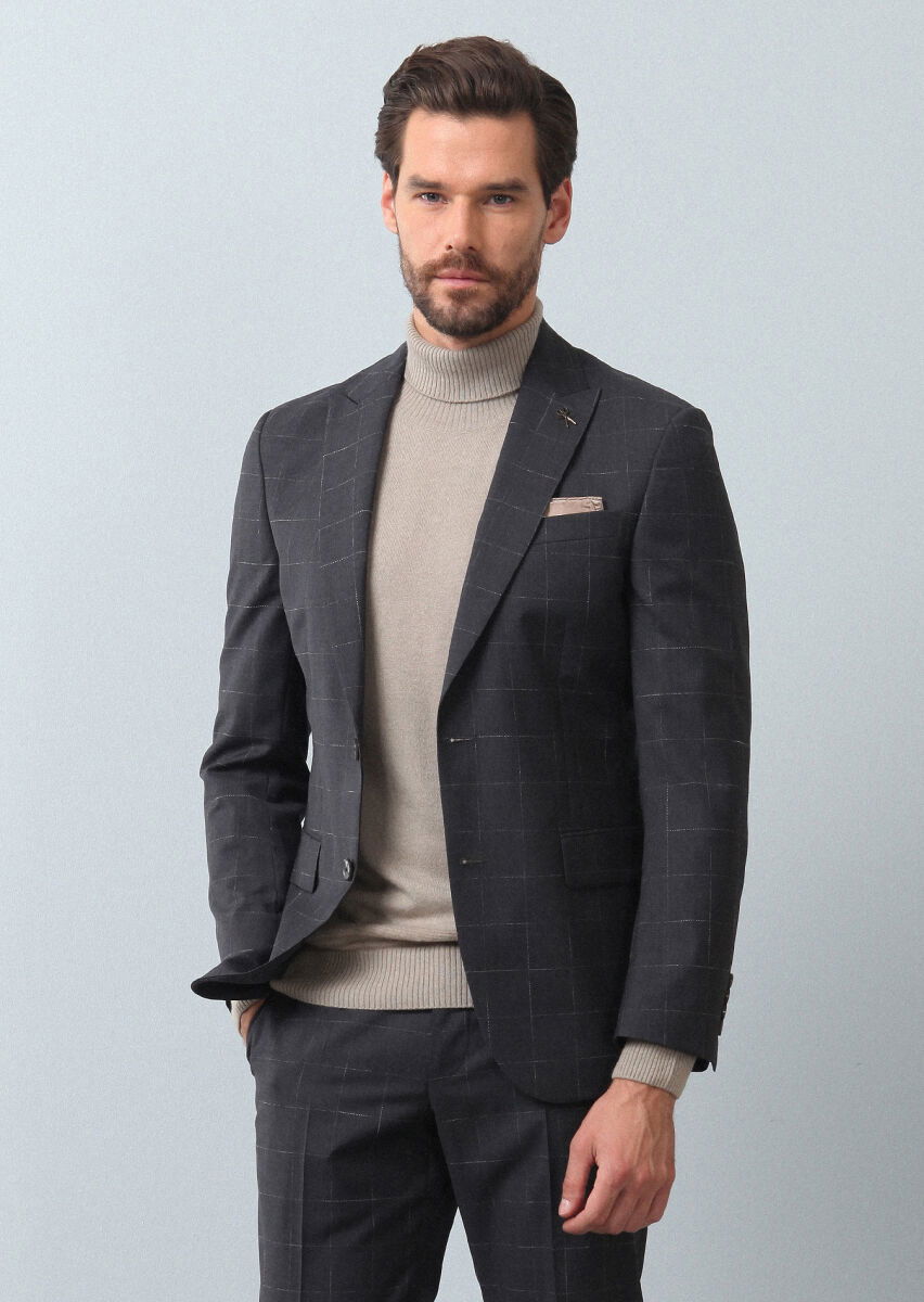 Koyu Gri Kareli Modern Fit %100 Yün Takım Elbise - 3