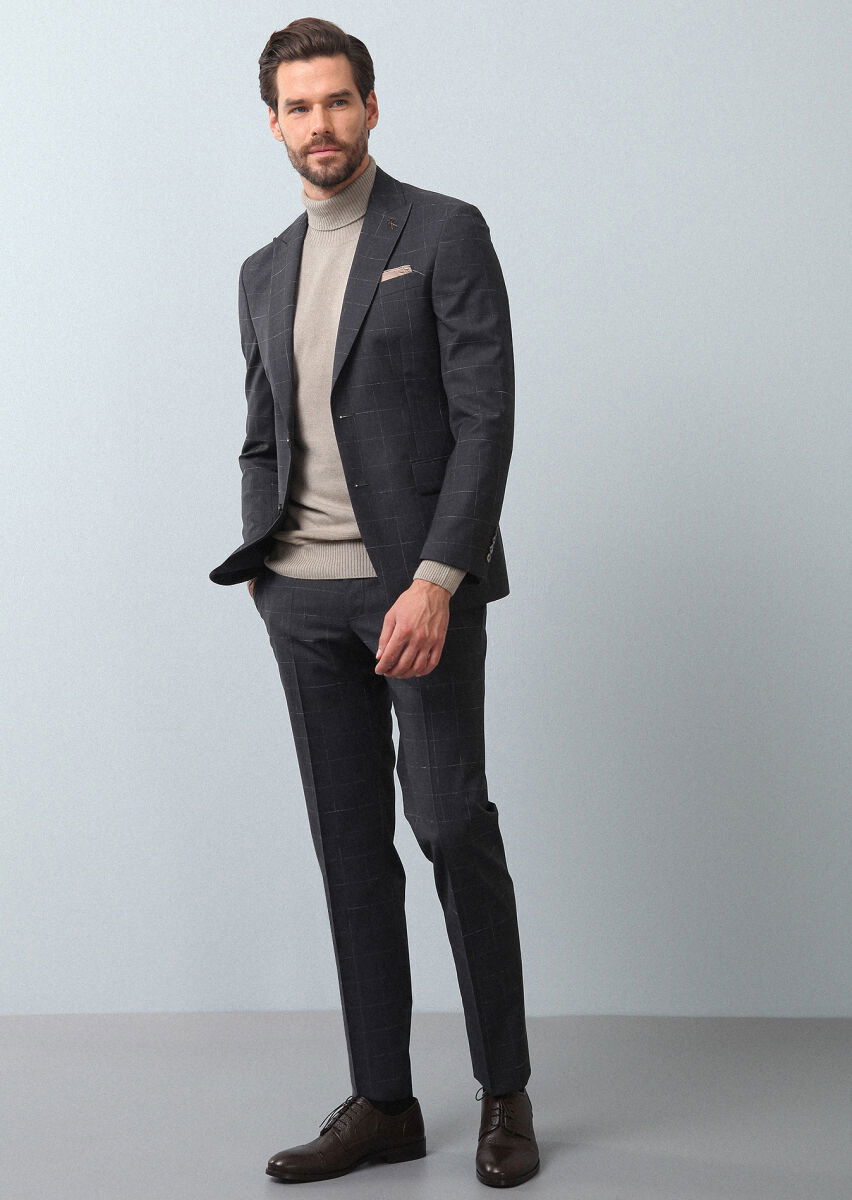 Koyu Gri Kareli Modern Fit %100 Yün Takım Elbise - 4