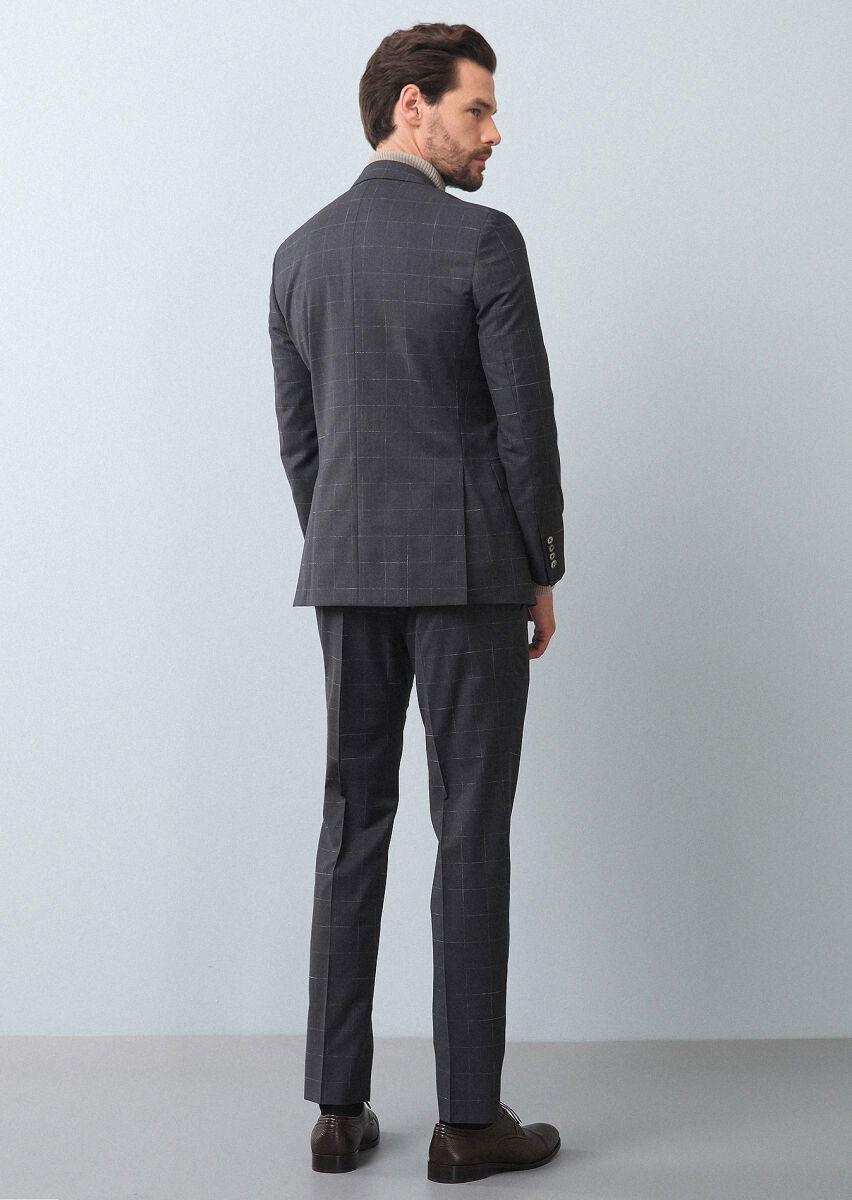 Koyu Gri Kareli Modern Fit %100 Yün Takım Elbise - 5