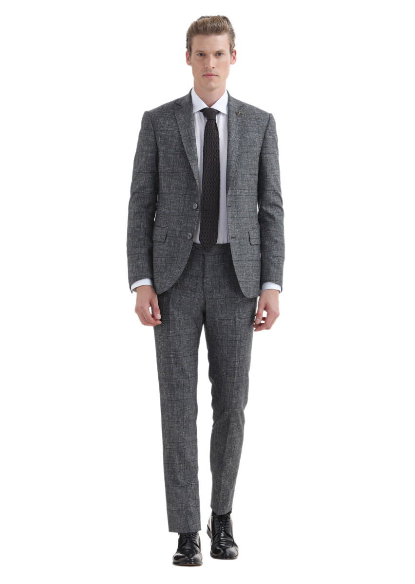 Koyu Gri Kareli Zeroweight Slim Fit %100 Yün Takım Elbise - 1