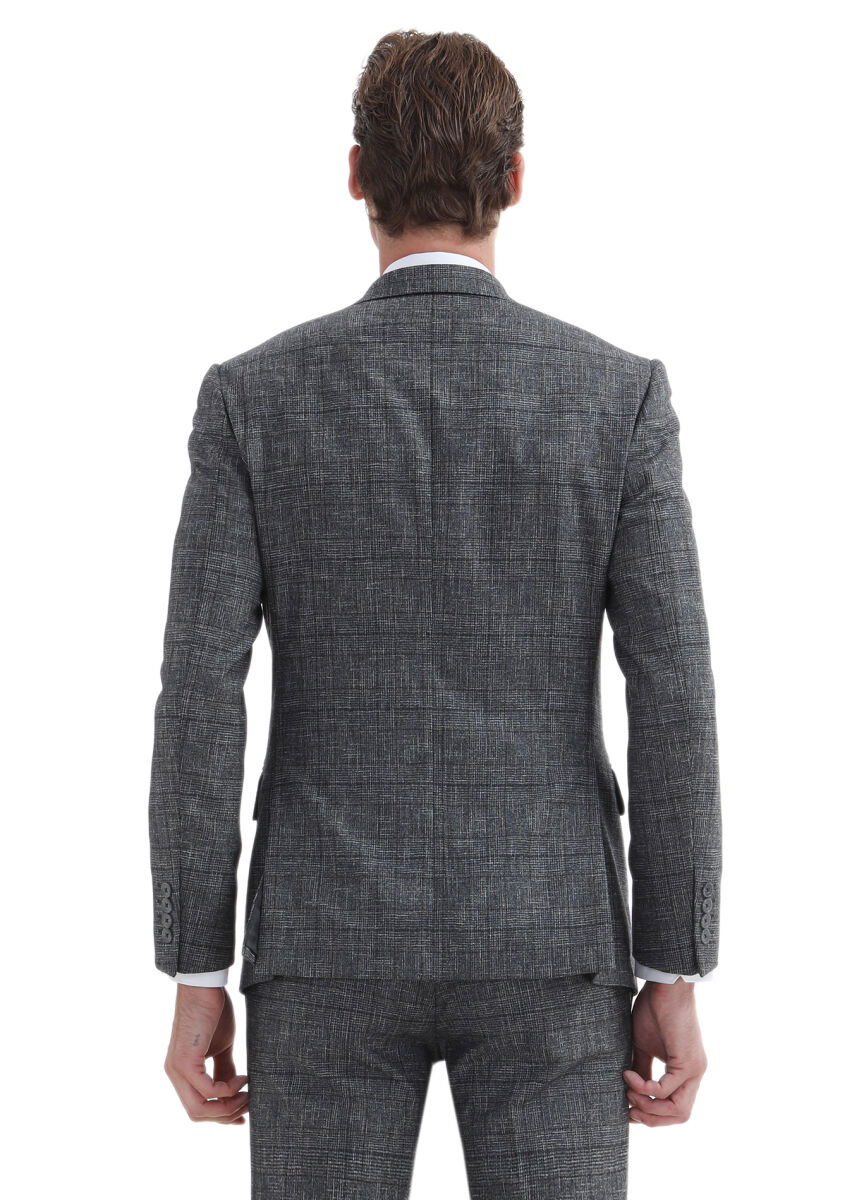 Koyu Gri Kareli Zeroweight Slim Fit %100 Yün Takım Elbise - 6