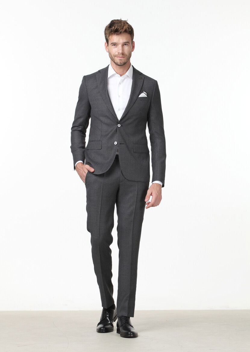 Koyu Gri Mikro Modern Fit %100 Yün Takım Elbise - 1