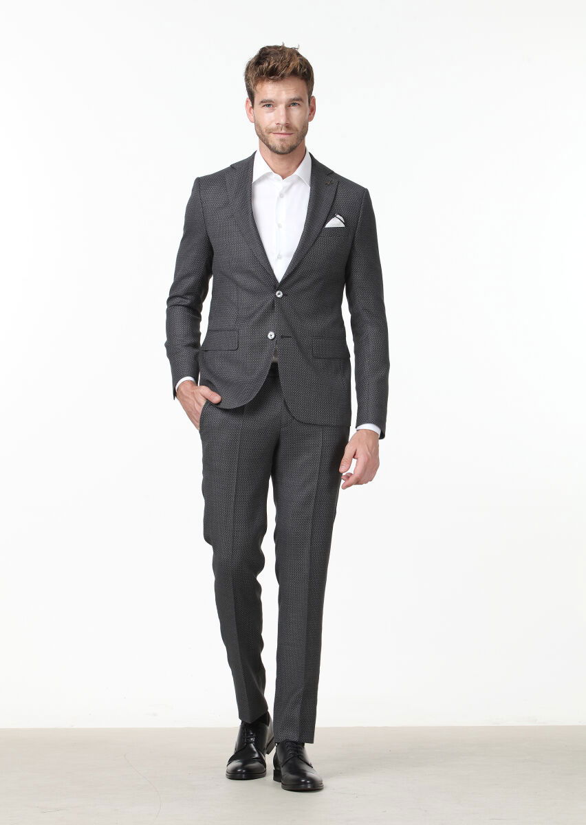 Koyu Gri Mikro Modern Fit %100 Yün Takım Elbise - 1