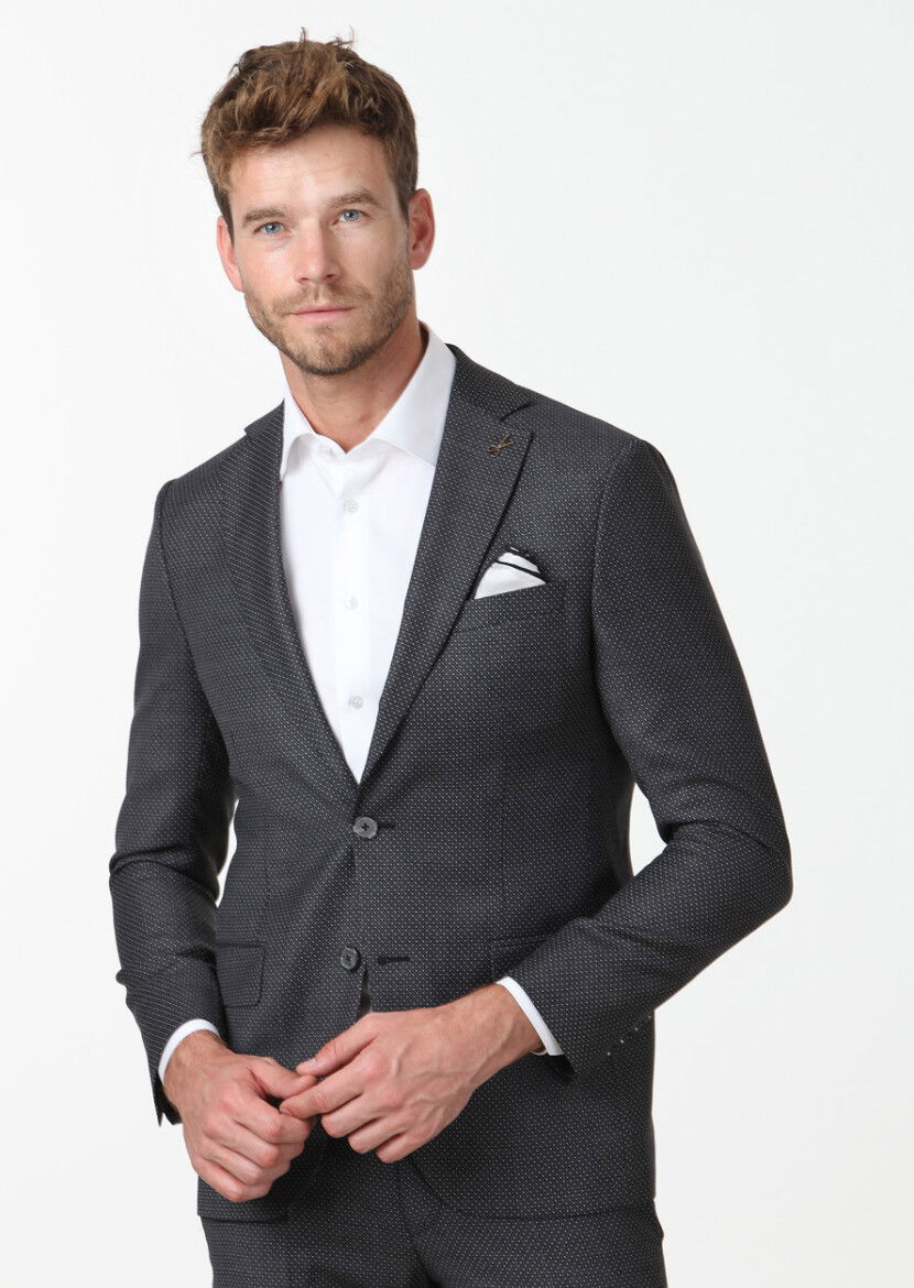 Koyu Gri Mikro Modern Fit %100 Yün Takım Elbise - 3