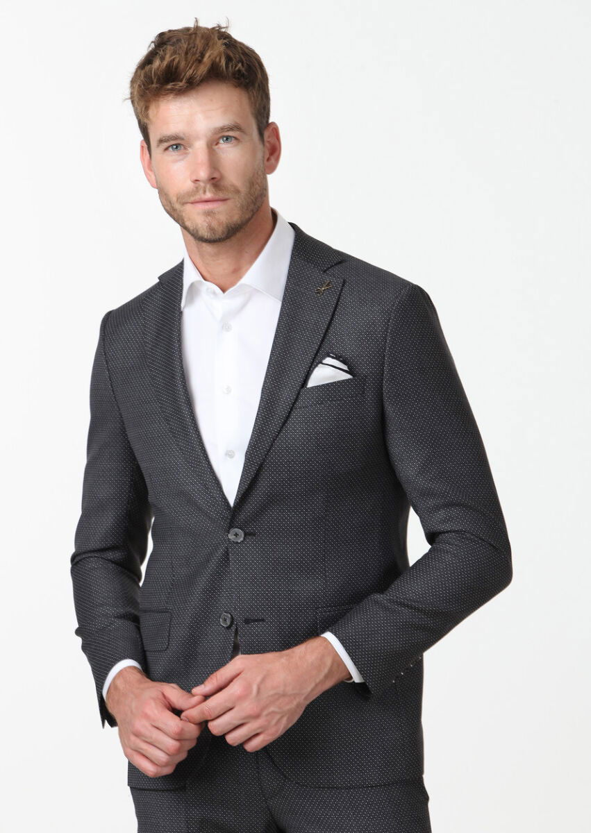 Koyu Gri Mikro Modern Fit %100 Yün Takım Elbise - 3