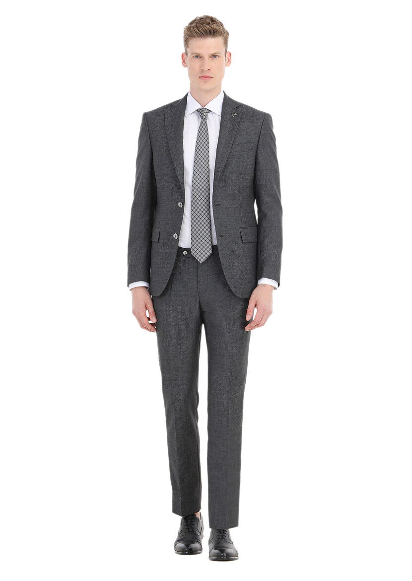Koyu Gri Mikro Modern Fit %100 Yün Takım Elbise - 1