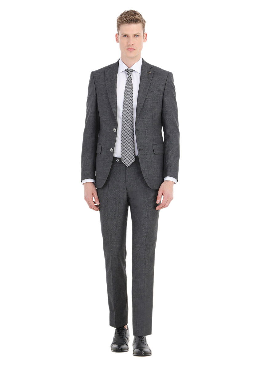 Koyu Gri Mikro Modern Fit %100 Yün Takım Elbise - 1