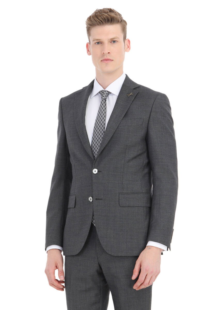 Koyu Gri Mikro Modern Fit %100 Yün Takım Elbise - 2