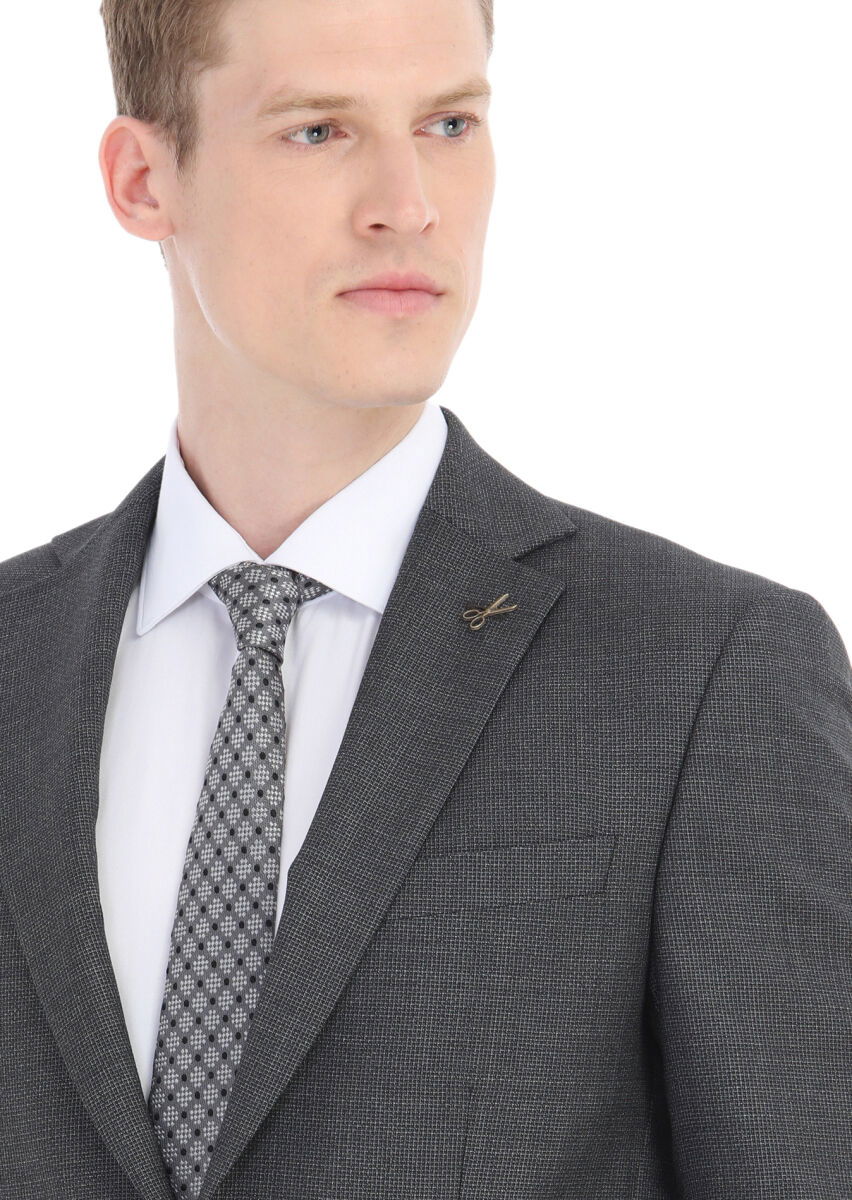Koyu Gri Mikro Modern Fit %100 Yün Takım Elbise - 3