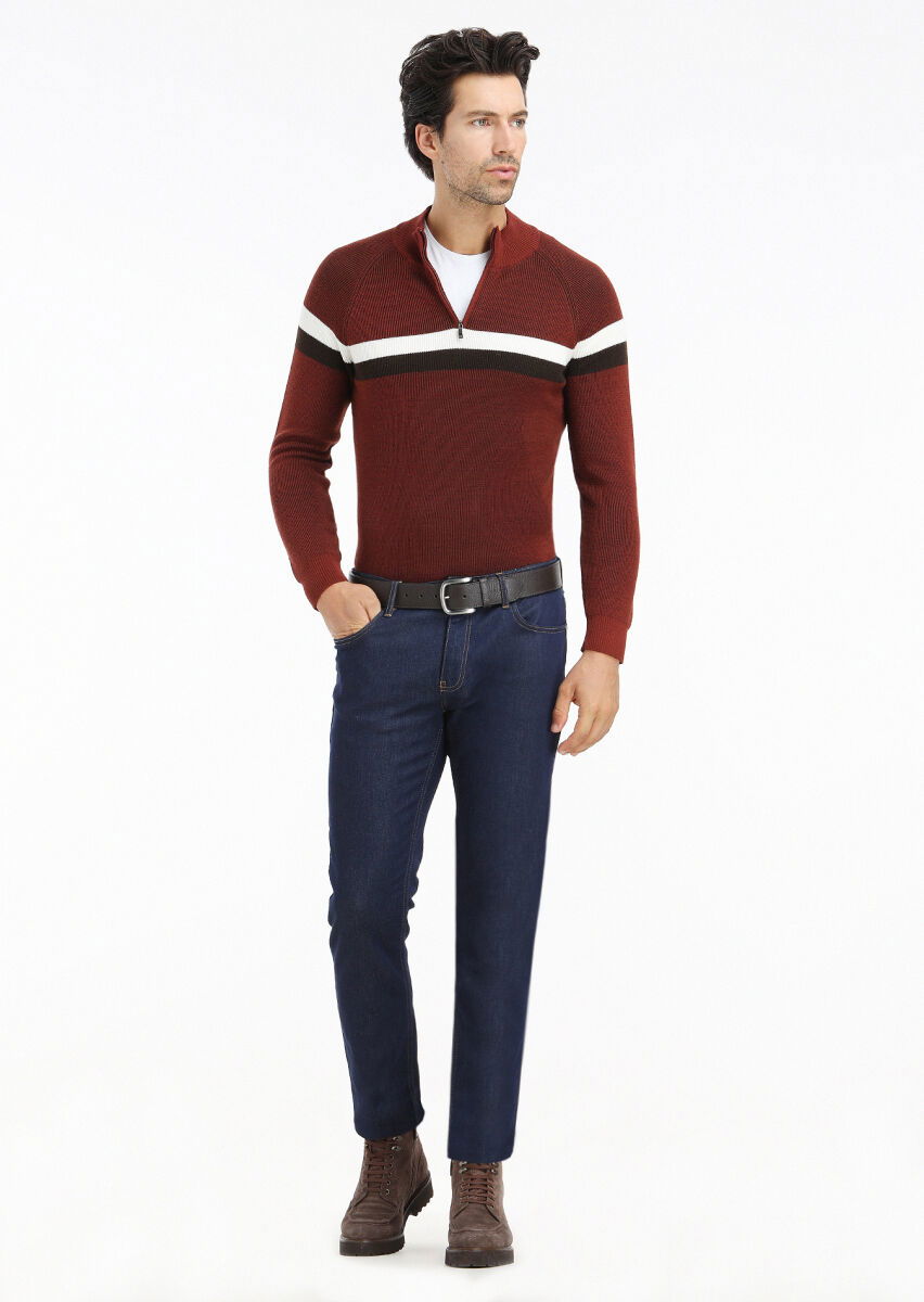 Koyu İndigo Düz Slim Fit Denim Pamuk Karışımlı Pantolon - 2