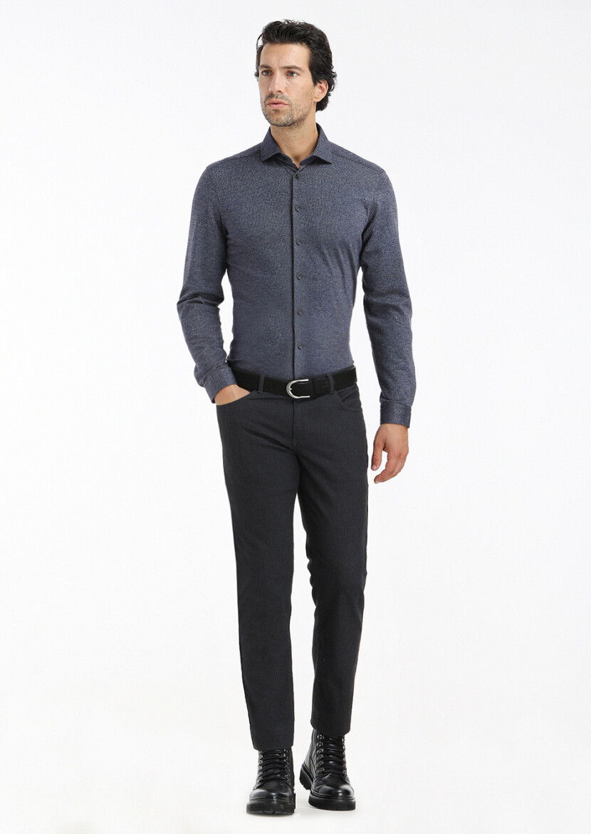 Koyu Lacivert Çizgili Slim Fit Casual Pamuk Karışımlı Gömlek - 1