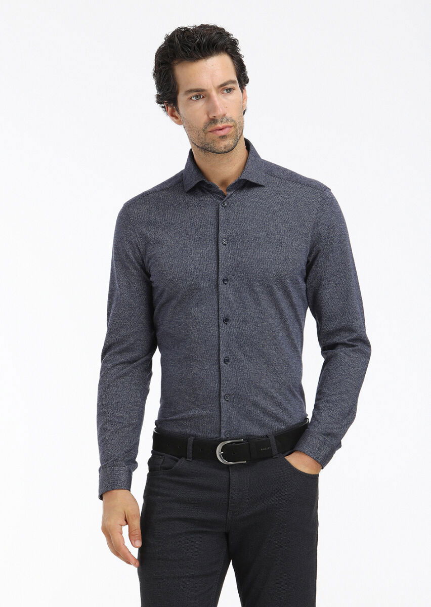 Koyu Lacivert Çizgili Slim Fit Casual Pamuk Karışımlı Gömlek - 2