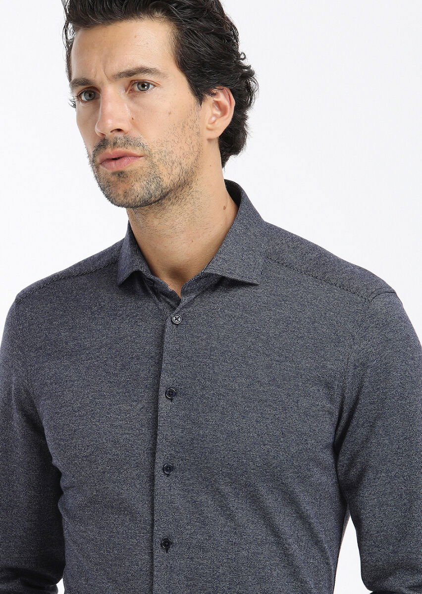 Koyu Lacivert Çizgili Slim Fit Casual Pamuk Karışımlı Gömlek - 3