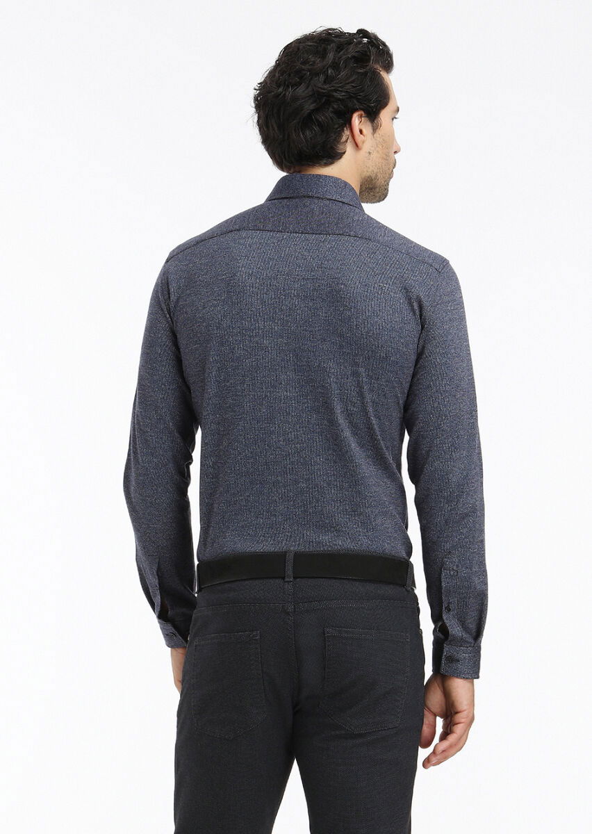 Koyu Lacivert Çizgili Slim Fit Casual Pamuk Karışımlı Gömlek - 4
