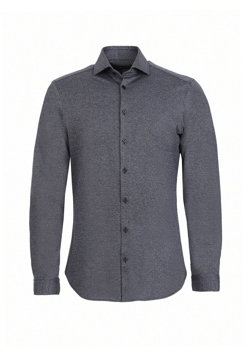 Koyu Lacivert Çizgili Slim Fit Casual Pamuk Karışımlı Gömlek - 5