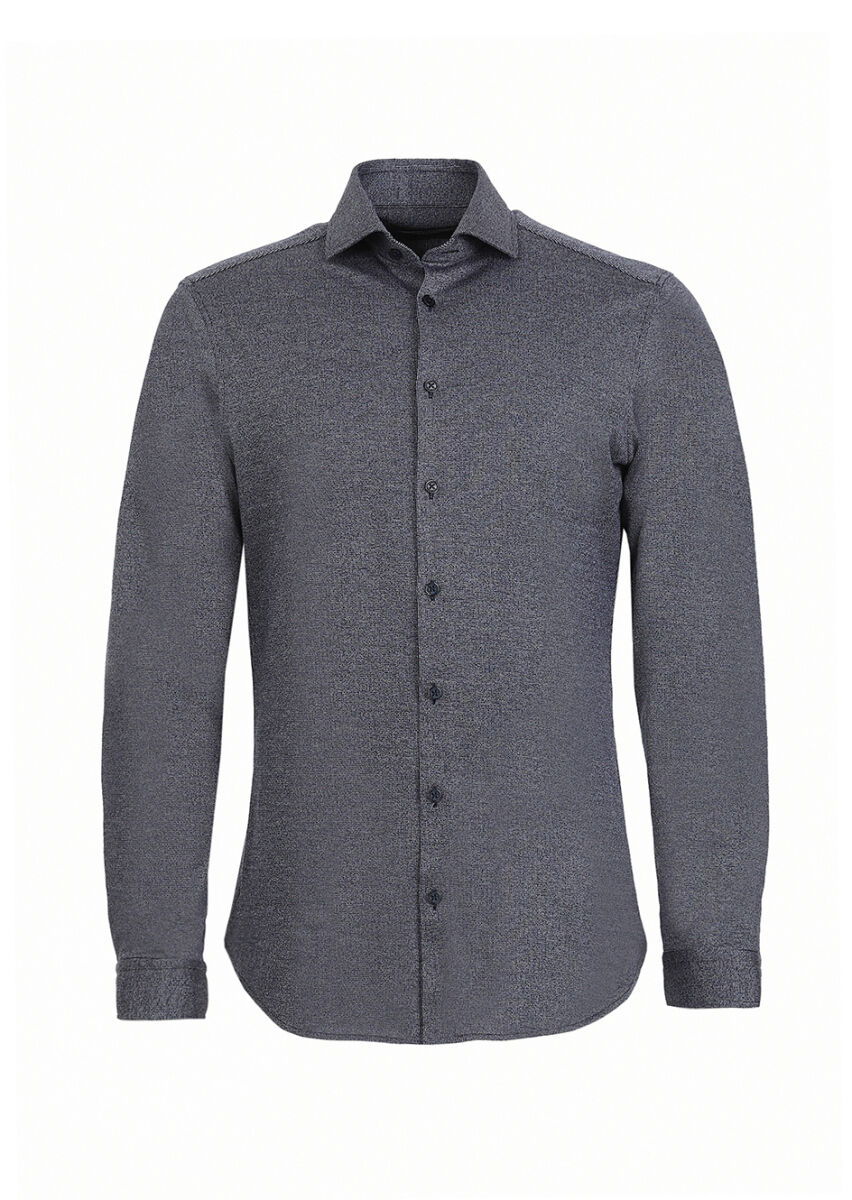 Koyu Lacivert Çizgili Slim Fit Casual Pamuk Karışımlı Gömlek - 5