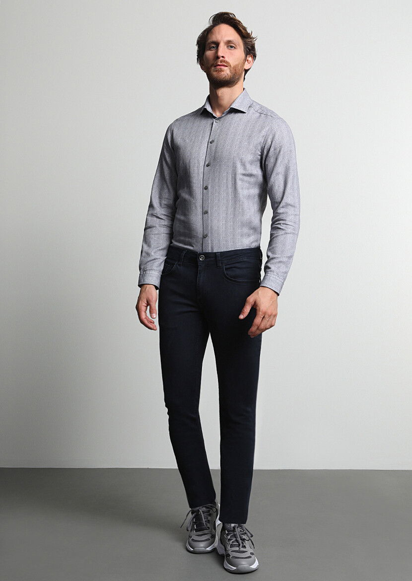 Koyu Lacivert Düz Slim Fit Denim Pamuk Karışımlı Pantolon - 1