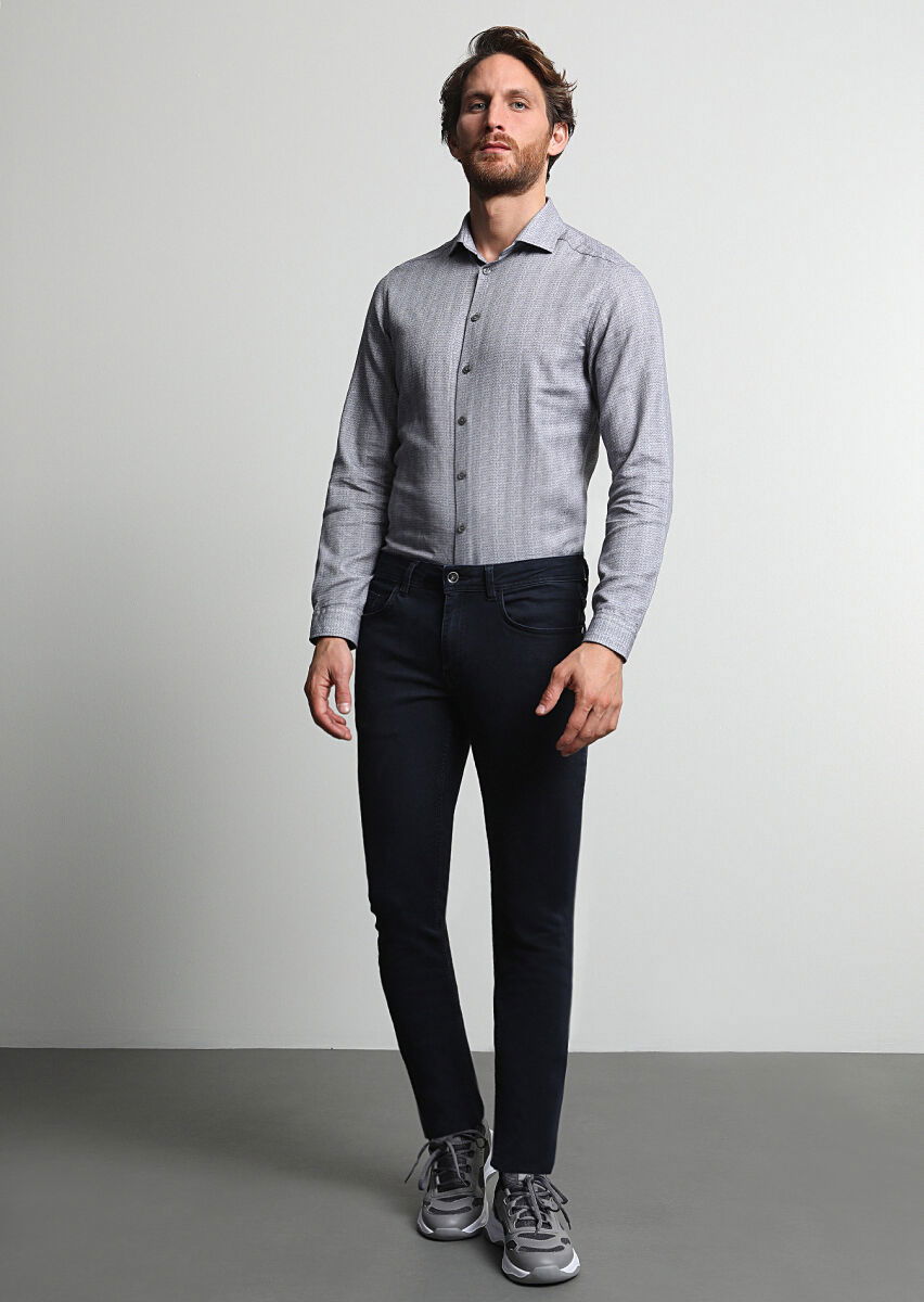 Koyu Lacivert Düz Slim Fit Denim Pamuk Karışımlı Pantolon - 1