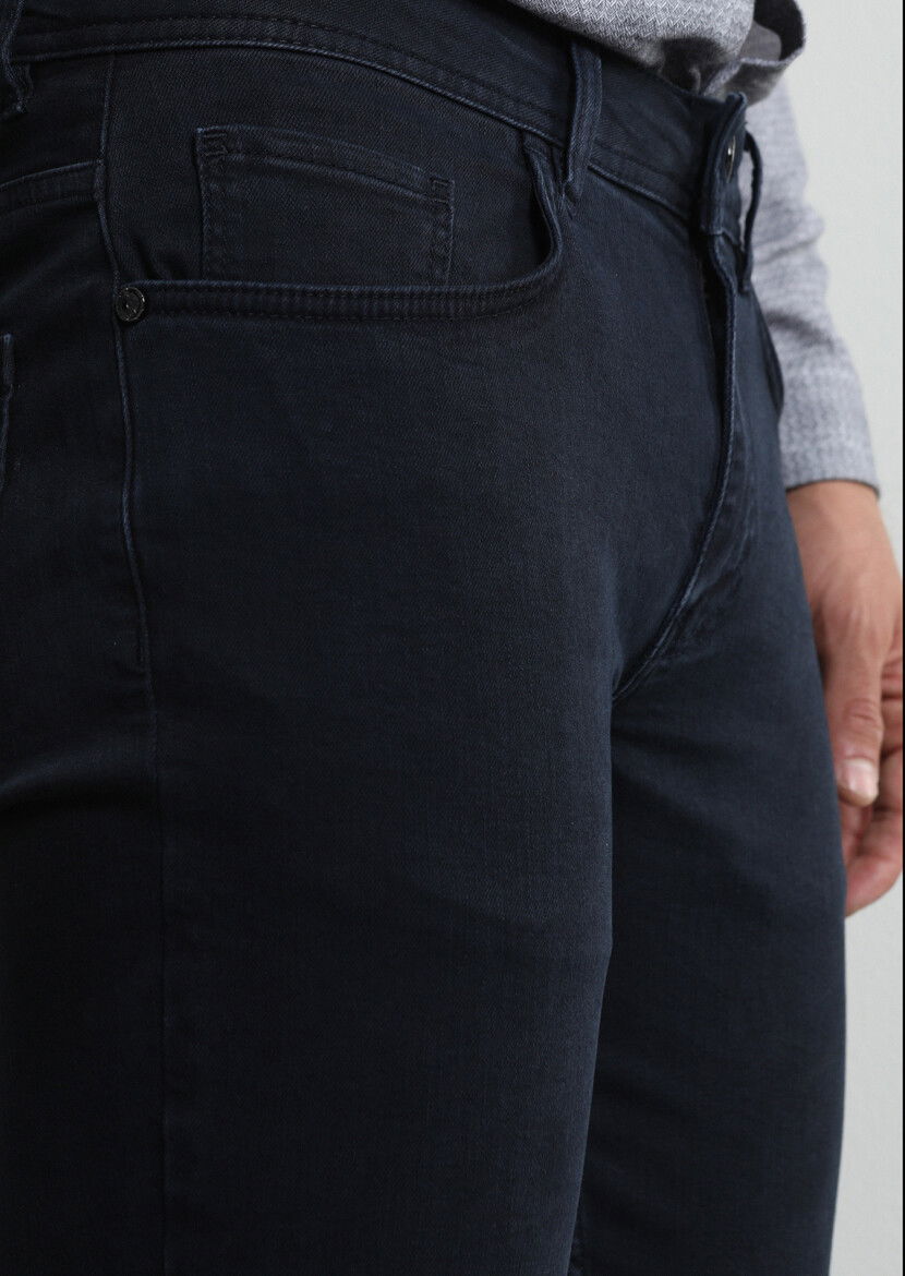 Koyu Lacivert Düz Slim Fit Denim Pamuk Karışımlı Pantolon - 3