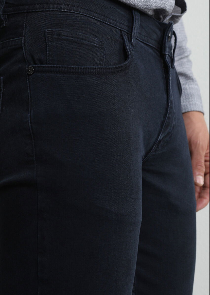 Koyu Lacivert Düz Slim Fit Denim Pamuk Karışımlı Pantolon - 3