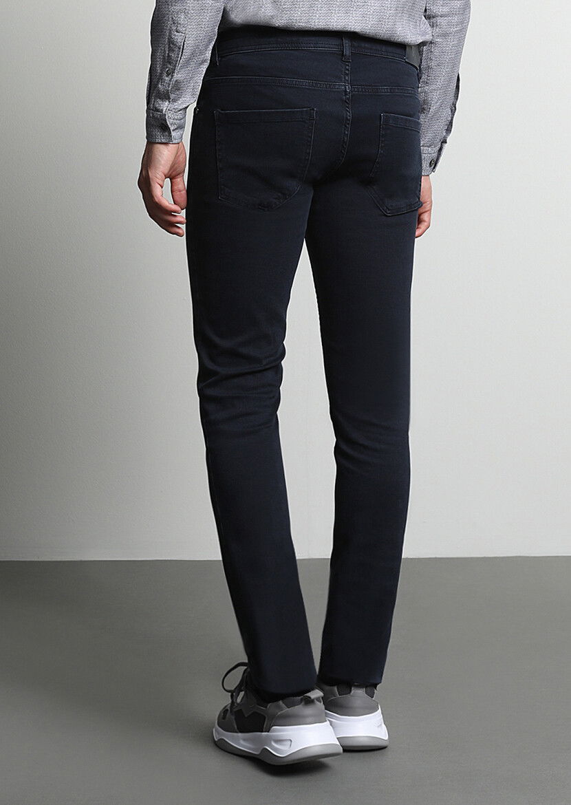 Koyu Lacivert Düz Slim Fit Denim Pamuk Karışımlı Pantolon - 5