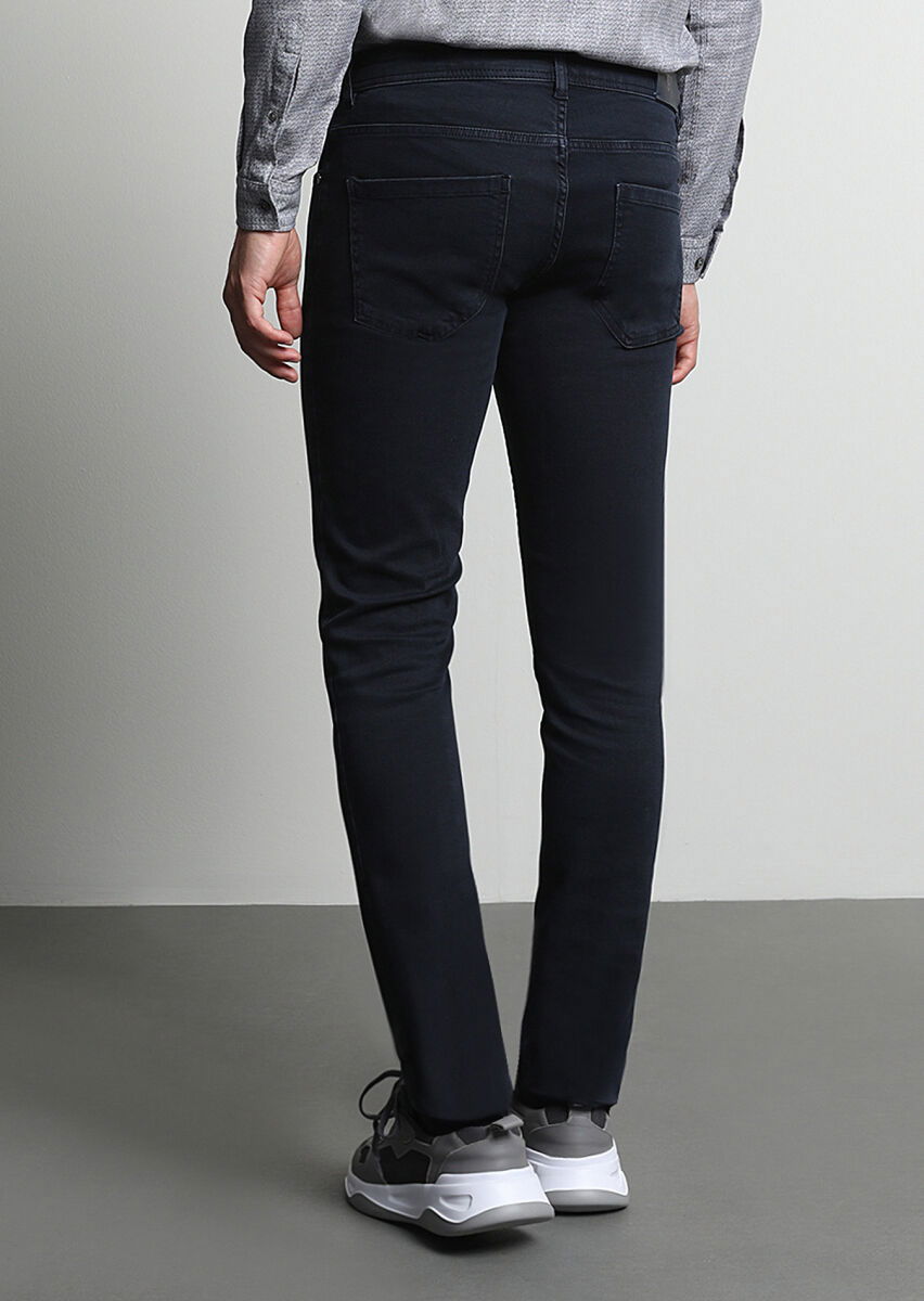 Koyu Lacivert Düz Slim Fit Denim Pamuk Karışımlı Pantolon - 5