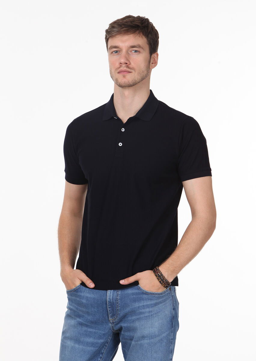 Koyu Lacivert Jakarlı Polo Yaka %100 Pamuk T-Shirt - 1