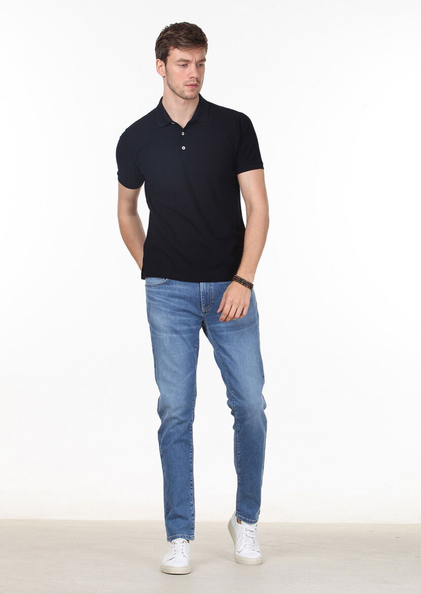 Koyu Lacivert Jakarlı Polo Yaka %100 Pamuk T-Shirt - 3