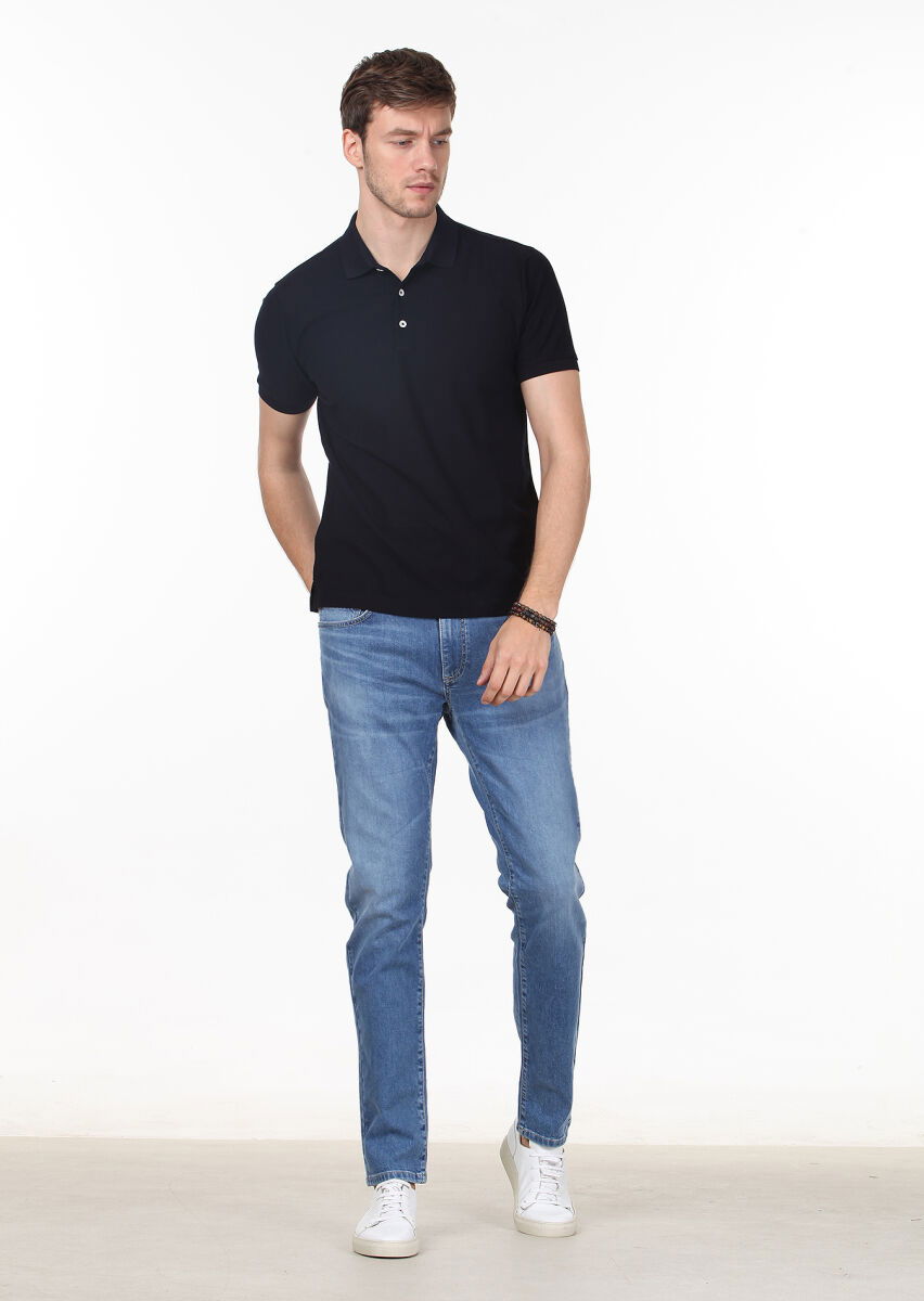 Koyu Lacivert Jakarlı Polo Yaka %100 Pamuk T-Shirt - 3