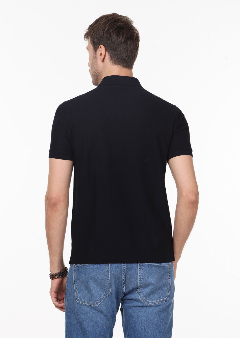 Koyu Lacivert Jakarlı Polo Yaka %100 Pamuk T-Shirt - 4