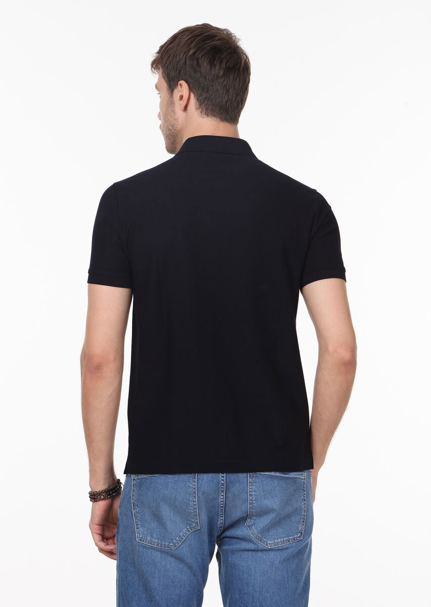 Koyu Lacivert Jakarlı Polo Yaka %100 Pamuk T-Shirt - 4