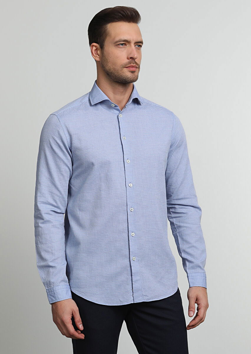 Koyu Mavi Desenli Regular Fit Dokuma Casual Pamuk Karışımlı Gömlek - 2
