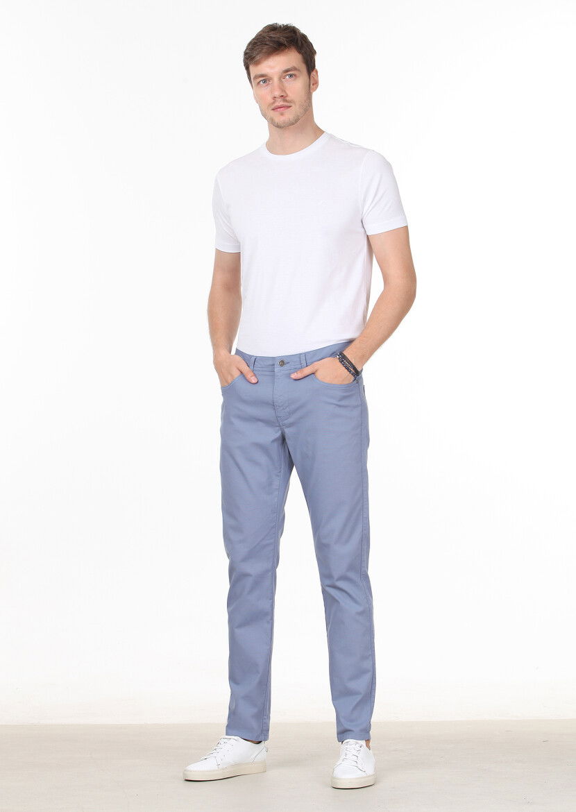Koyu Mavi Düz Dokuma Slim Fit Casual Pamuk Karışımlı Pantolon 