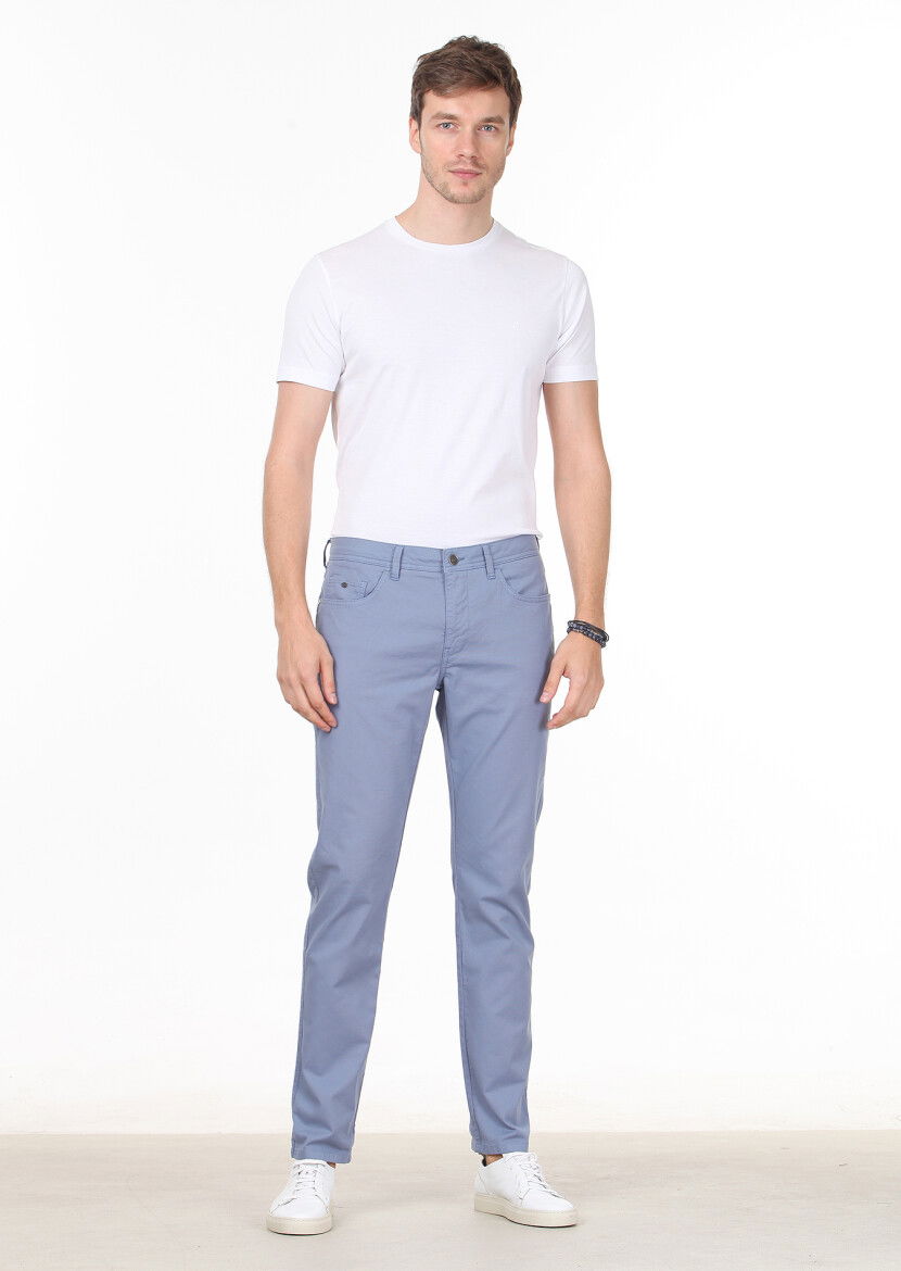 Koyu Mavi Düz Dokuma Slim Fit Casual Pamuk Karışımlı Pantolon 