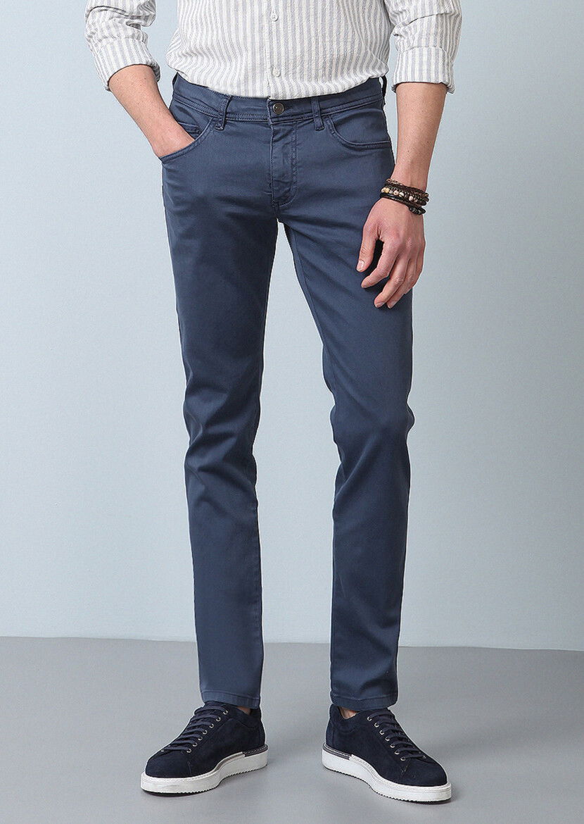 Koyu Mavi Düz Dokuma Slim Fit Casual Pamuk Karışımlı Pantolon 