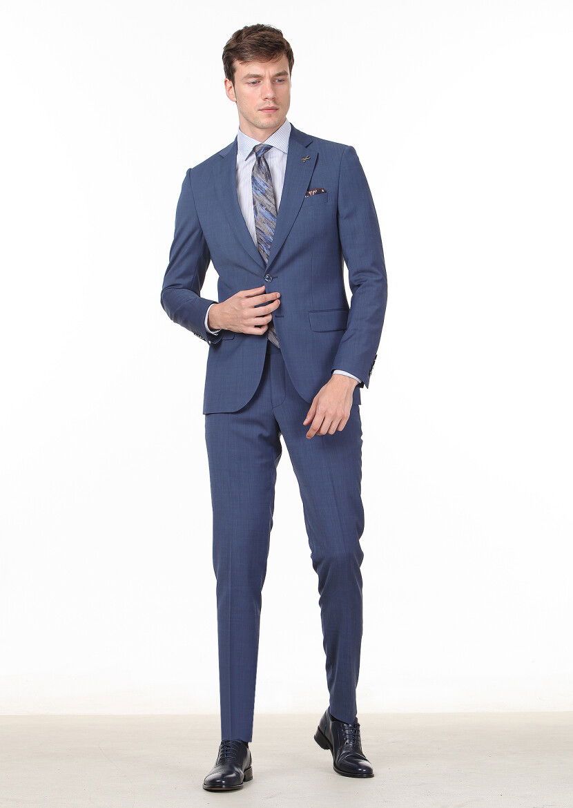 Koyu Mavi Düz Thin&taller Slim Fit Yün Karışımlı Takım Elbise - 1