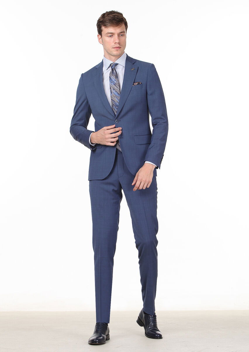 Koyu Mavi Düz Thin&taller Slim Fit Yün Karışımlı Takım Elbise - 1