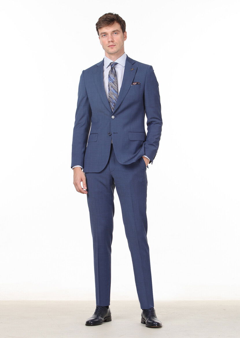 Koyu Mavi Düz Thin&taller Slim Fit Yün Karışımlı Takım Elbise - 3