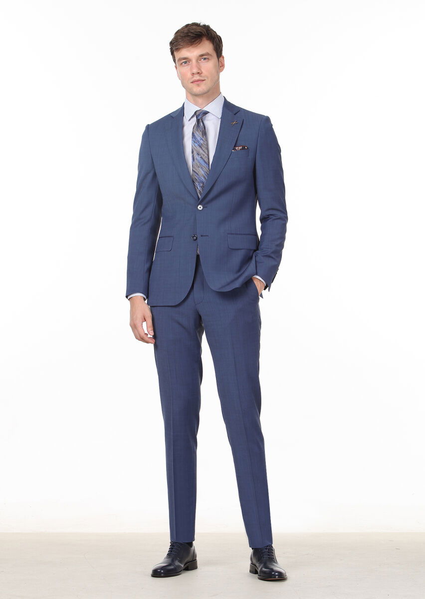Koyu Mavi Düz Thin&taller Slim Fit Yün Karışımlı Takım Elbise - 3