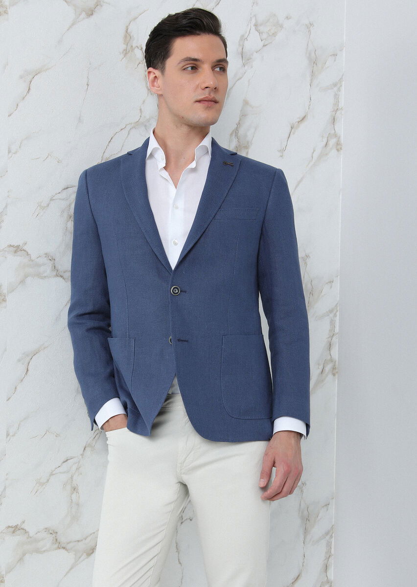 Koyu Mavi Düz Zeroweight Slim Fit %100 Keten Ceket - 2