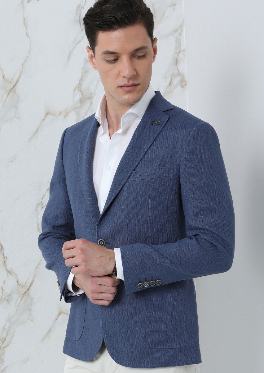 Koyu Mavi Düz Zeroweight Slim Fit %100 Keten Ceket - 4