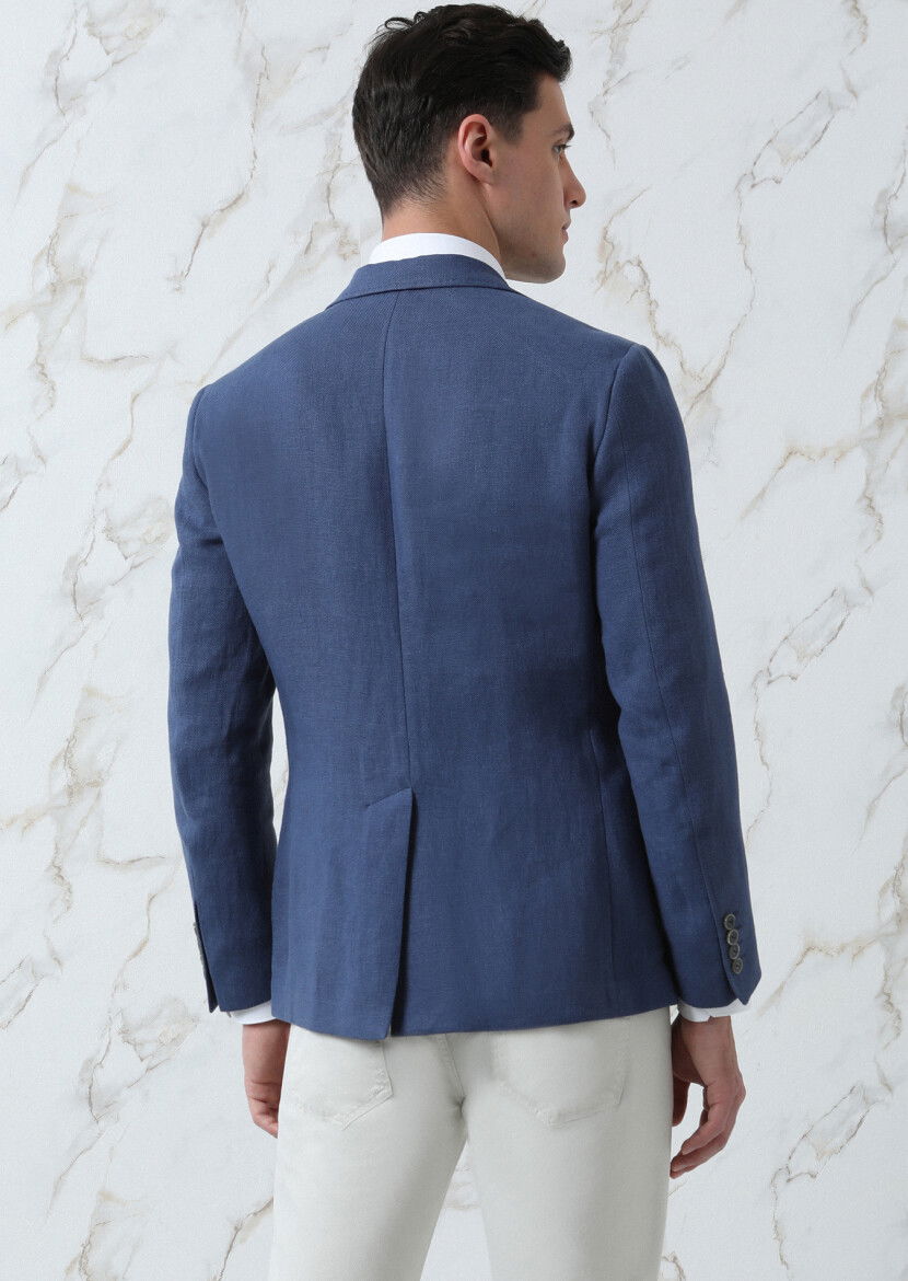 Koyu Mavi Düz Zeroweight Slim Fit %100 Keten Ceket - 5