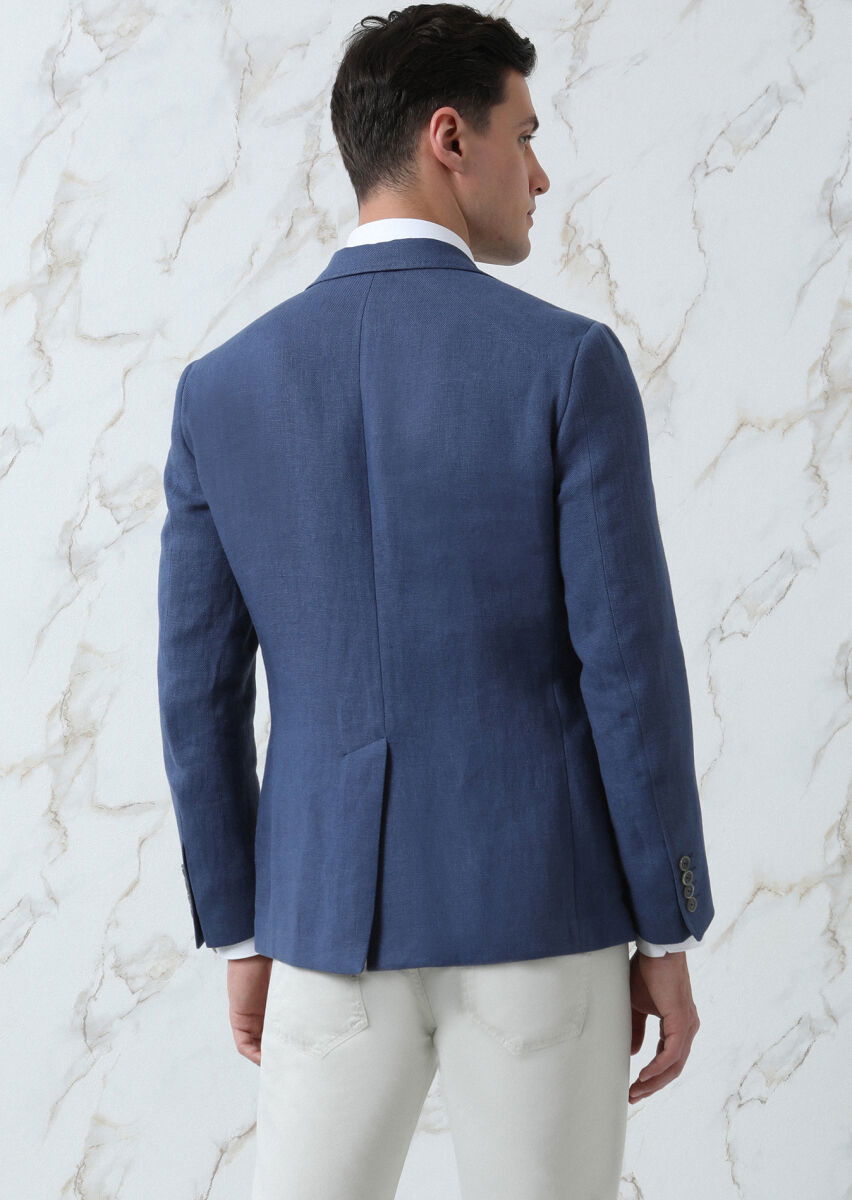 Koyu Mavi Düz Zeroweight Slim Fit %100 Keten Ceket - 5