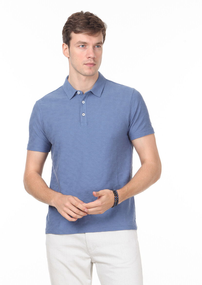 Koyu Mavi Jakarlı Polo Yaka %100 Pamuk T-Shirt - 1