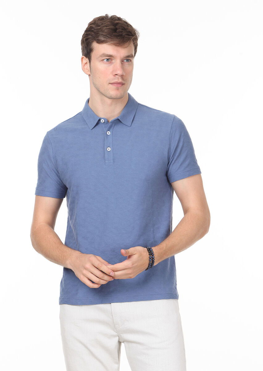 Koyu Mavi Jakarlı Polo Yaka %100 Pamuk T-Shirt - 1