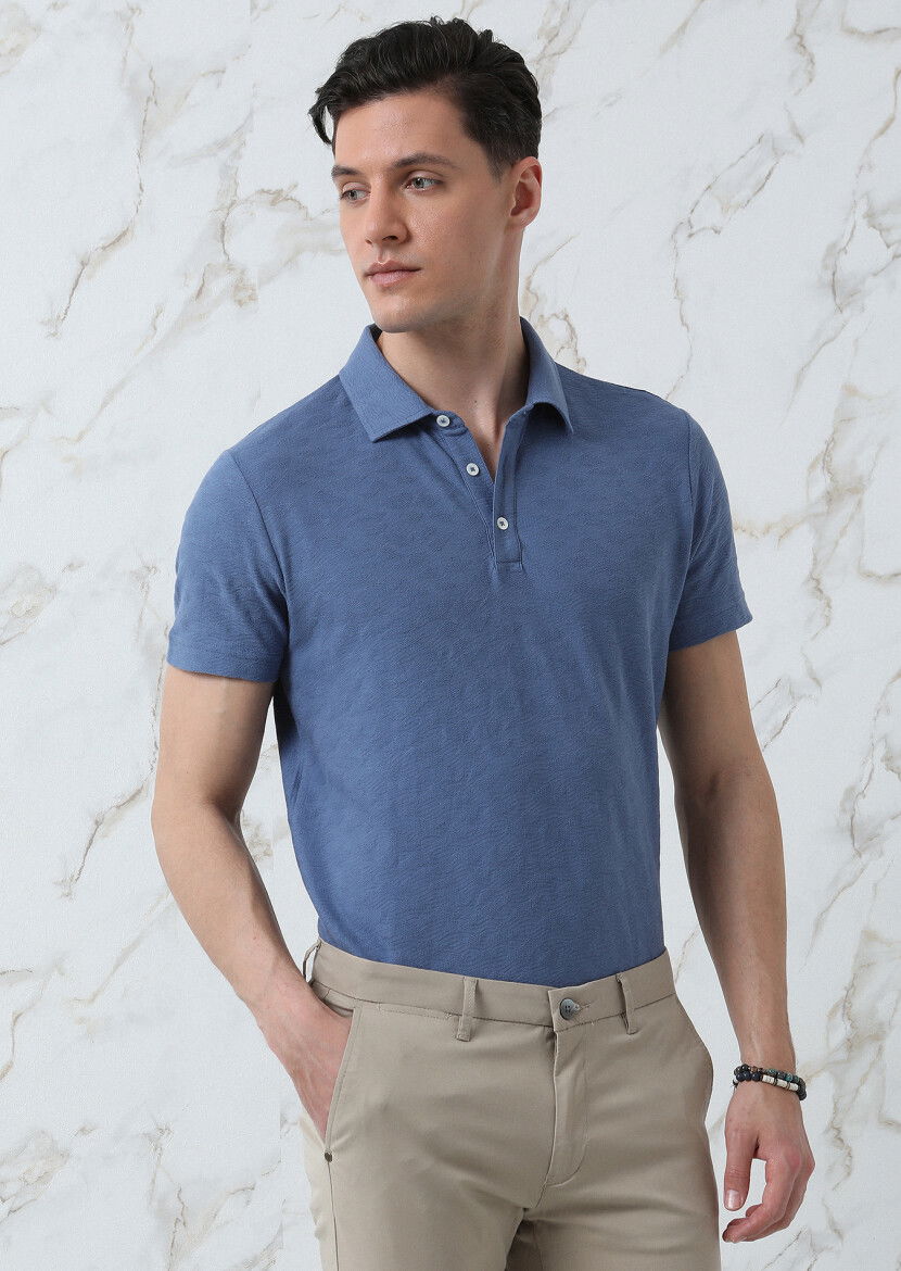Koyu Mavi Jakarlı Polo Yaka %100 Pamuk T-Shirt 